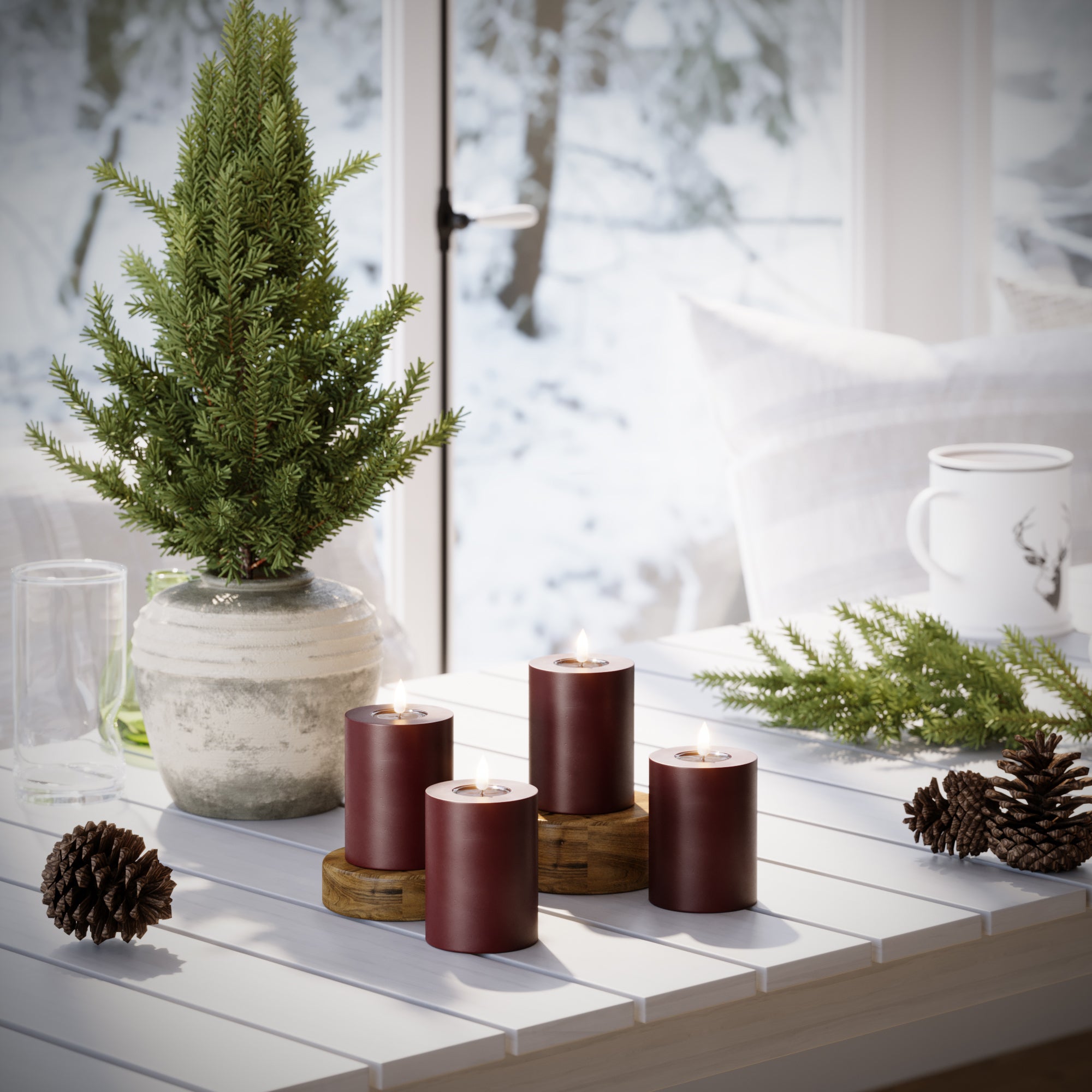 LED-Blockkerzen Ø 7,5 x 10 cm Burgunderrot – 4 Stück