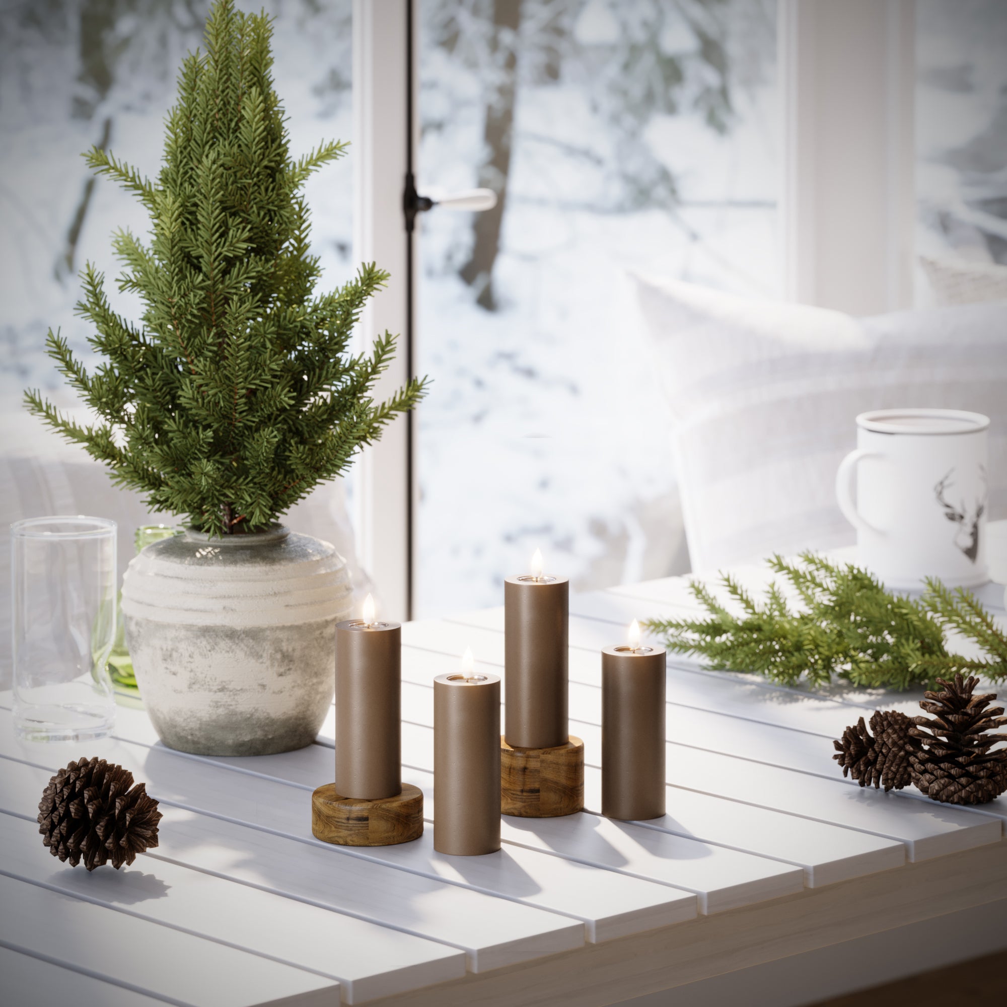 LED-Blockkerzen Ø 5 x 12,5 cm Karamell – 4 Stück