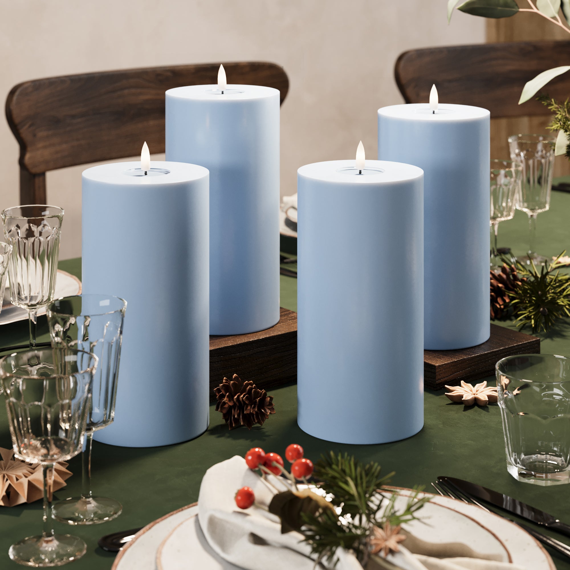 LED-Blockkerzen Ø 10 x 20 cm Eisblau – 4 Stück