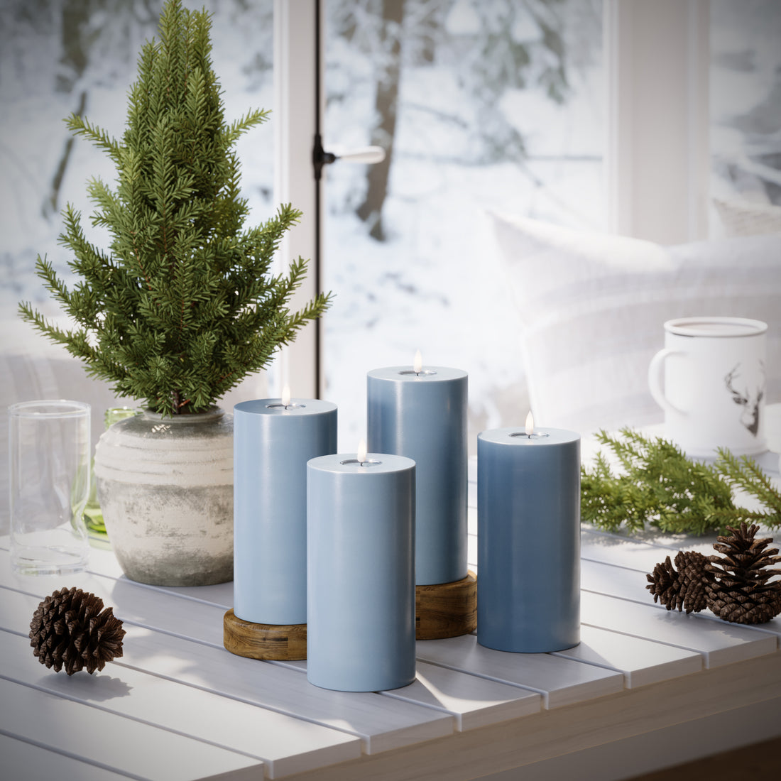 LED-Blockkerzen Ø 10 x 20 cm Eisblau – 4 Stück