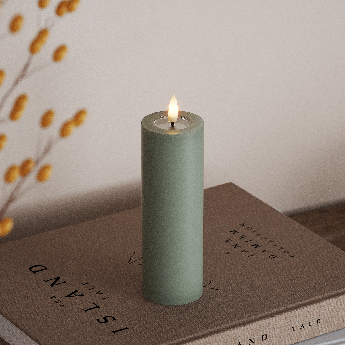Deluxe Homeart LED Blockkerzen Ø 5 x 15 cm Salbeigrün LED Blockkerzen 3