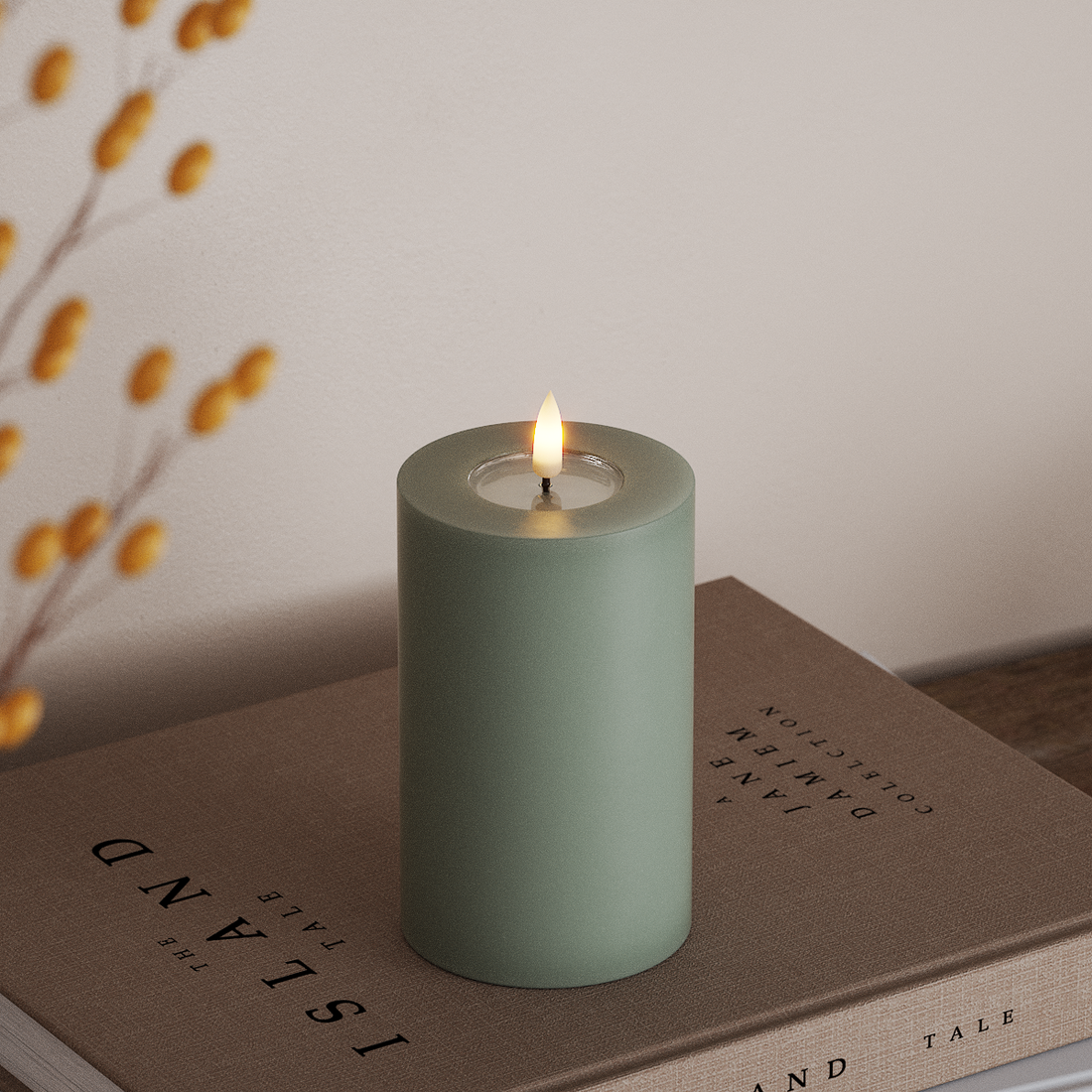 Deluxe Homeart LED Blockkerzen Ø 7,5 x 12,5 cm Salbeigrün LED Blockkerzen 4