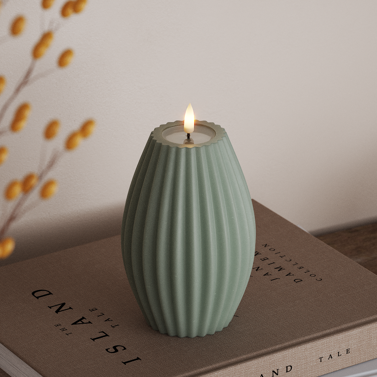 Deluxe Homeart LED Rillenkerzen T 10 x H 15 cm Salbeigrün LED Rillenkerzen 3