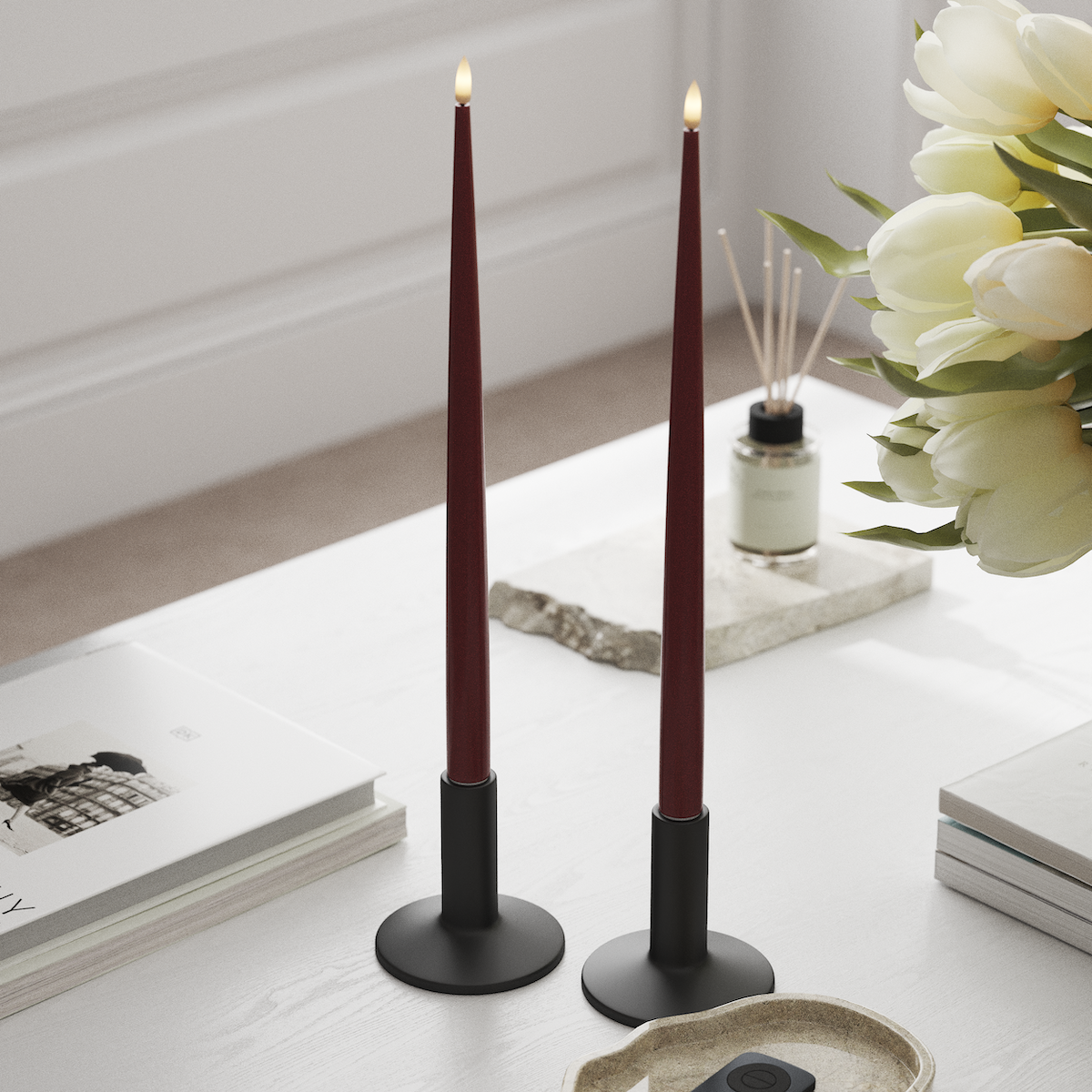 Deluxe Homeart LED Kerzenlicht Mit Lack mit Lack, 2 Stück 38 cm Bordeaux LED Kerzenlicht Mit Lack 1