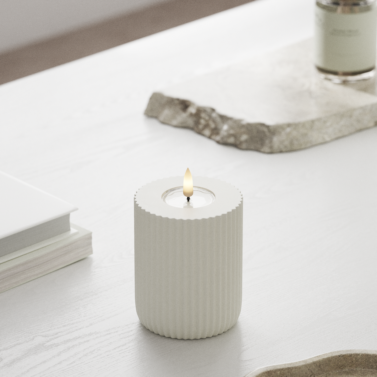 Deluxe Homeart Solid Stripe LED Blockkerzen Ø 8 x 10 cm Weiß LED Form 1