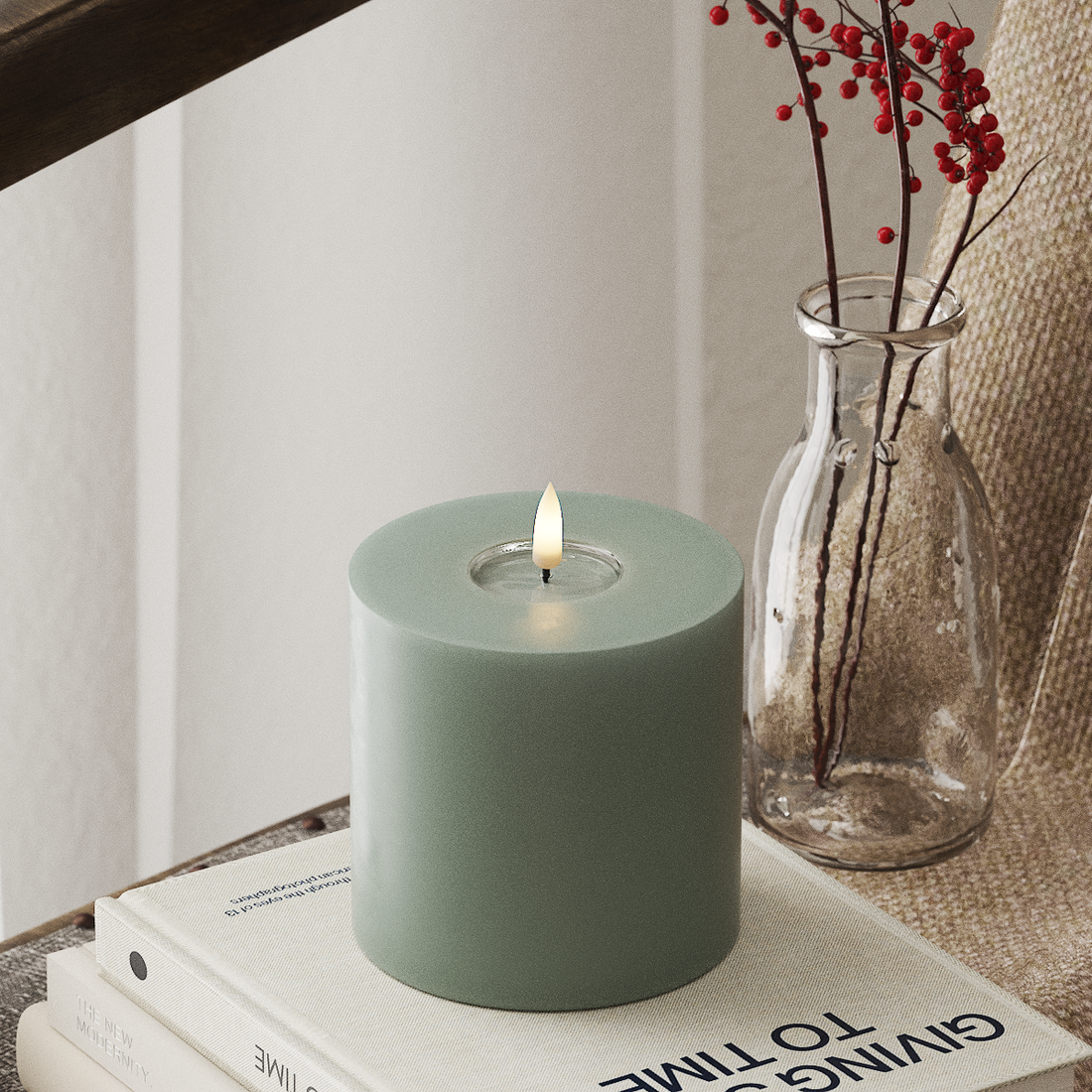 Deluxe Homeart LED Blockkerzen Ø 10 x 10 cm Salbeigrün LED Blockkerzen 4