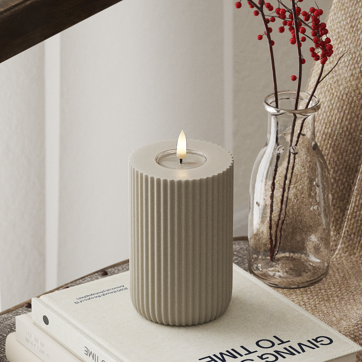 Deluxe Homeart Solid Stripe LED Blockkerzen Ø 8 x 12,5 cm Sand LED Form 4