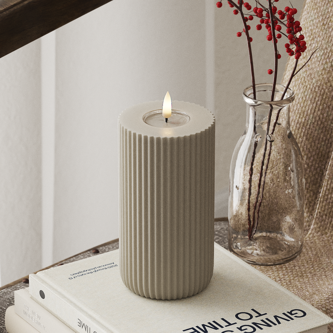 Deluxe Homeart Solid Stripe LED Blockkerzen Ø 8 x 15 cm Sand LED Form 4