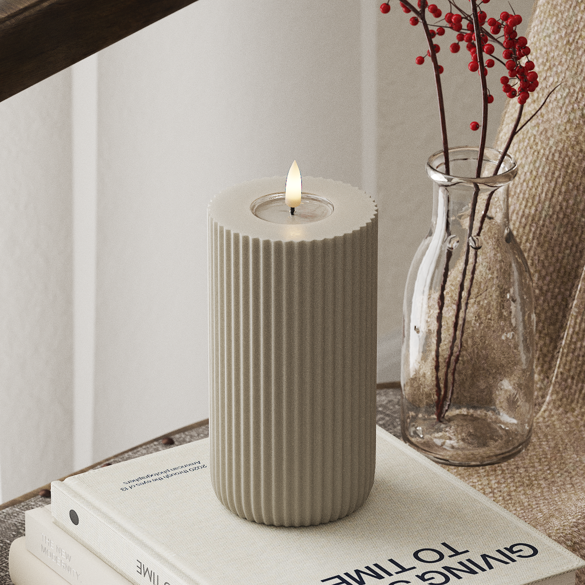 Deluxe Homeart Solid Stripe LED Blockkerzen Ø 8 x 15 cm Sand LED Form 4