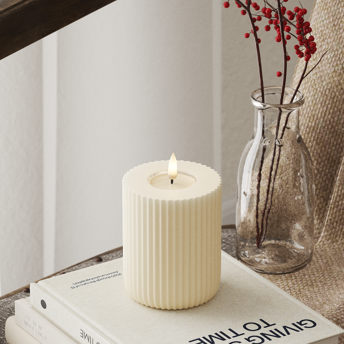 Deluxe Homeart Solid Stripe LED Blockkerzen Ø 8 x 10 cm Creme LED Form 4