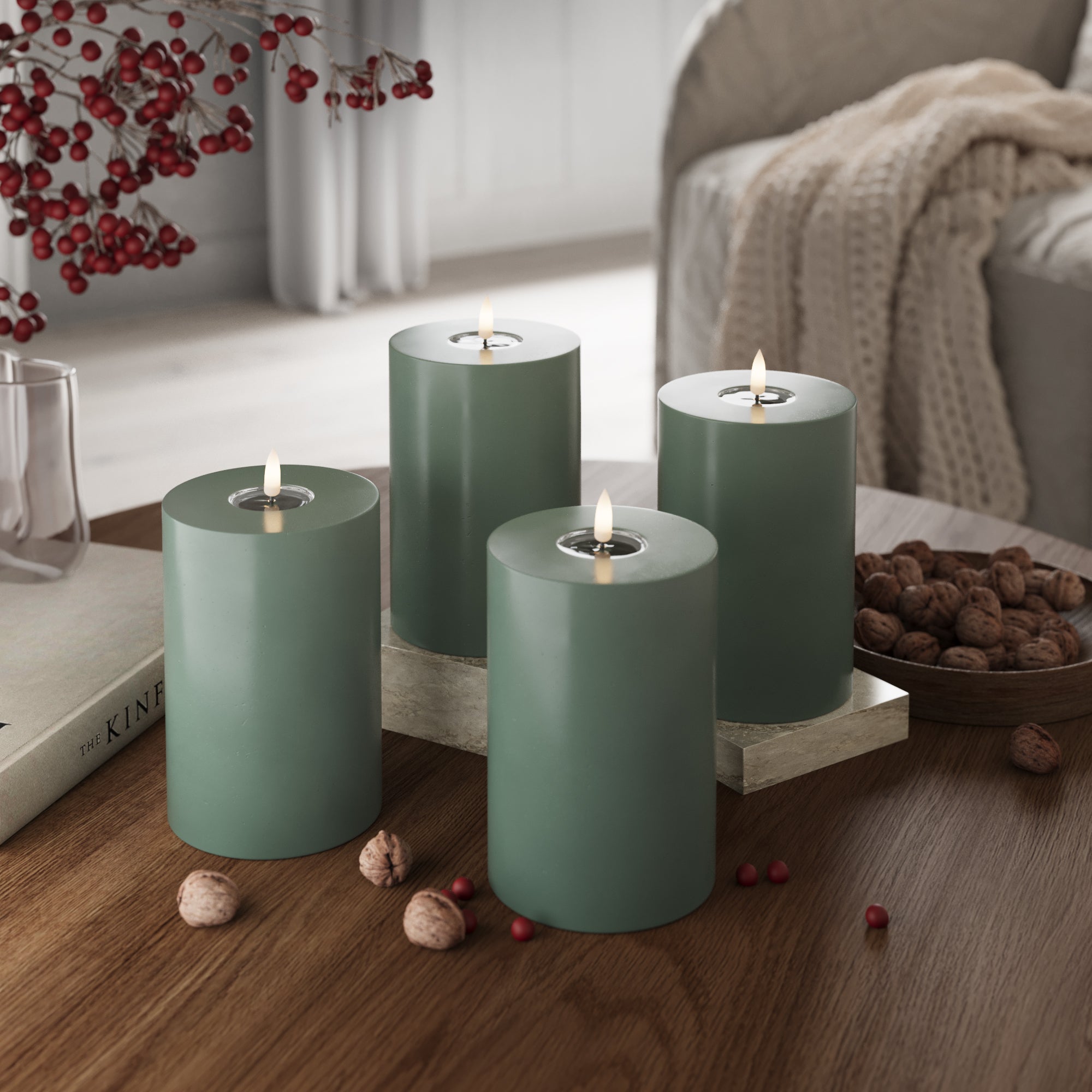 LED-Blockkerzen Ø 10 x 15 cm Jadegrün – 4 Stück