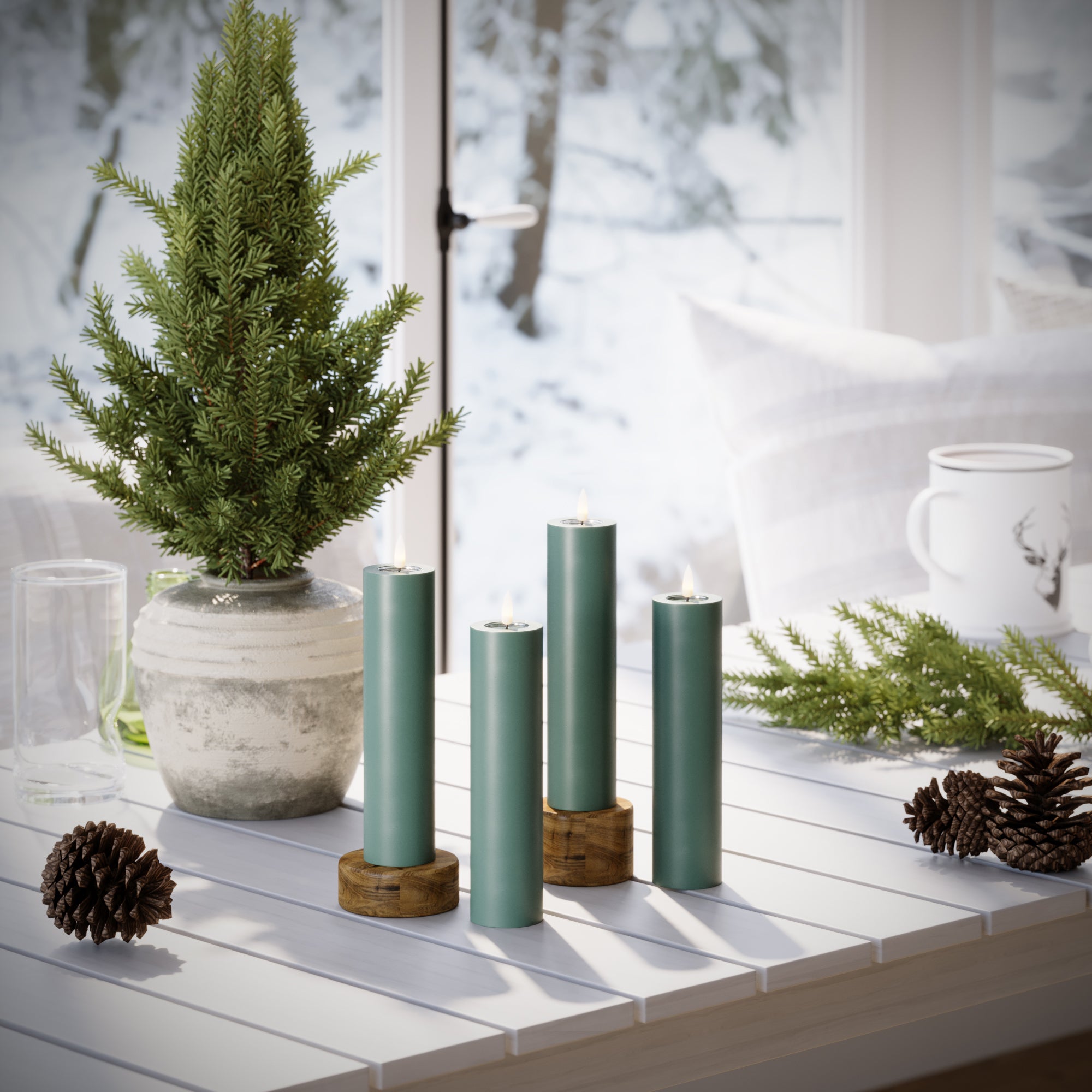 LED-Blockkerzen Ø 5 x 20 cm Jadegrün – 4 Stück