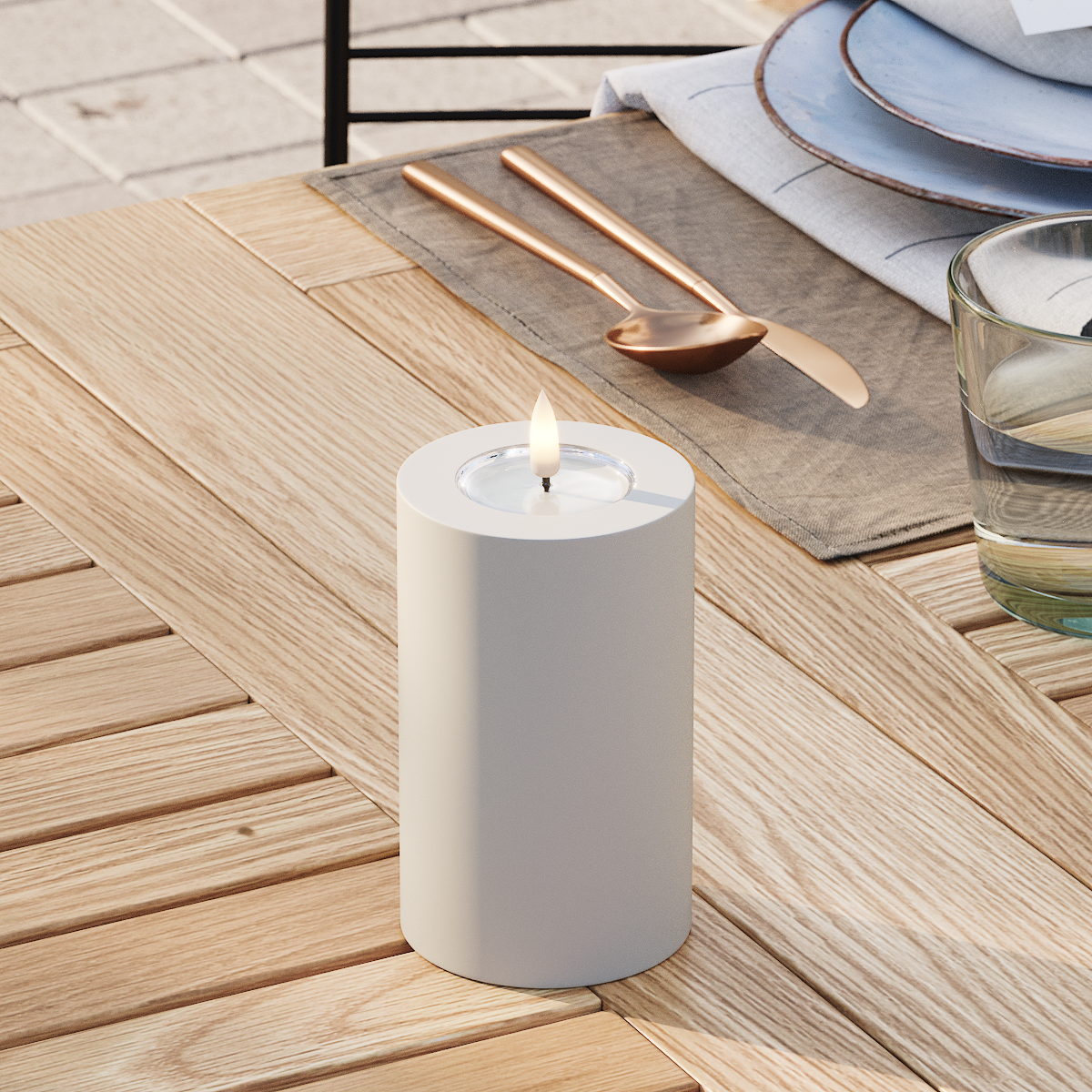 Deluxe Homeart Draußen LED Blockkerzen Ø 7,5 x 12,5 cm Sand LED Außenleuchte Blockkerzen 3
