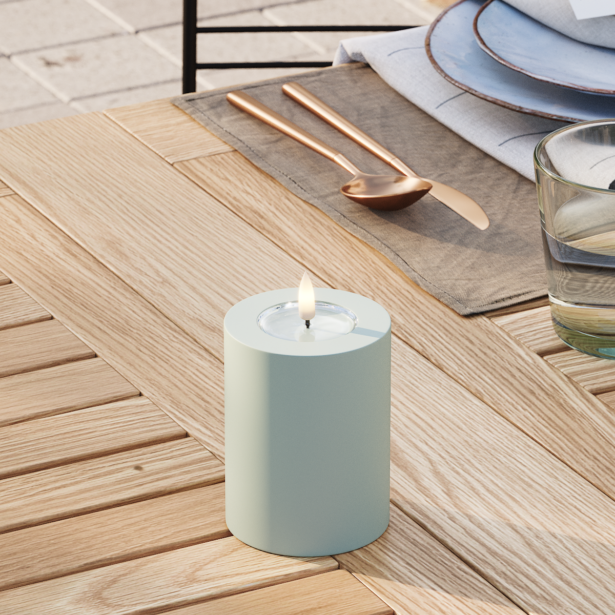 Deluxe Homeart Draußen LED Blockkerzen Ø 7,5 x 10 cm Salbeigrün LED Außenleuchte Blockkerzen 3