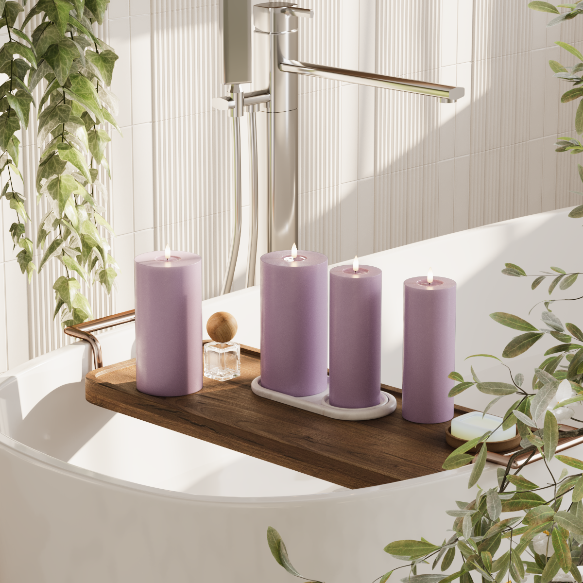 Deluxe Homeart LED Blockkerzen Paket - Helllila - 2x 7,5 x 20 | 2x 10 x 20 cm Paket 2